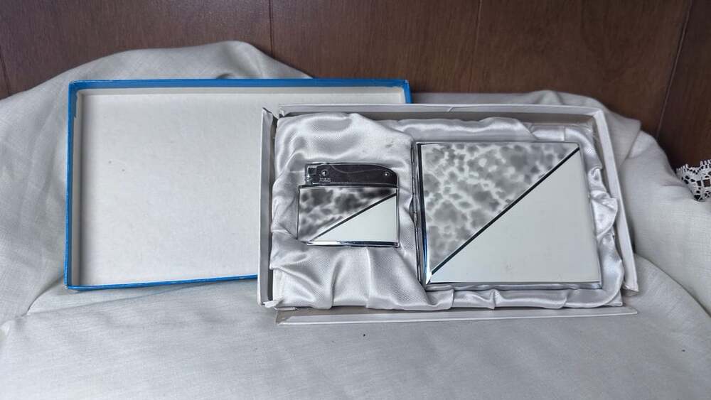 Penguin Lighter and Cigarette Case Set Art Deco Enamel in Box